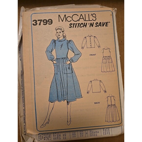 Vtg STITCH 'N SAVE Jumper Dress Button Blouse Long Sleeve 3799B Sz 12-16 Pattern - Picture 2 of 3